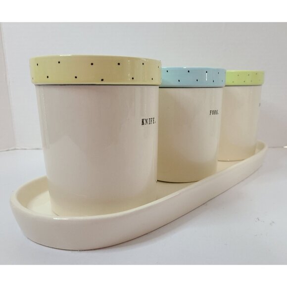 Rae Dunn 4pc Polka Dot Fork Knife Spoon Utensil Jars & Platter Blue Green Yellow - Picture 3 of 15